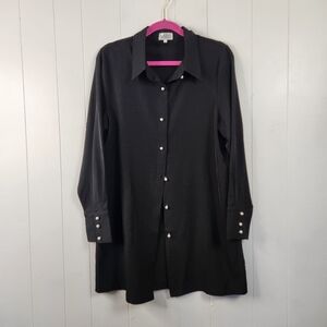 Nado Black Semi Sheer Long Blouse Tunic Pearls Button Down Womens Size Large